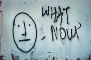'What now' written as a graffiti on a wall
