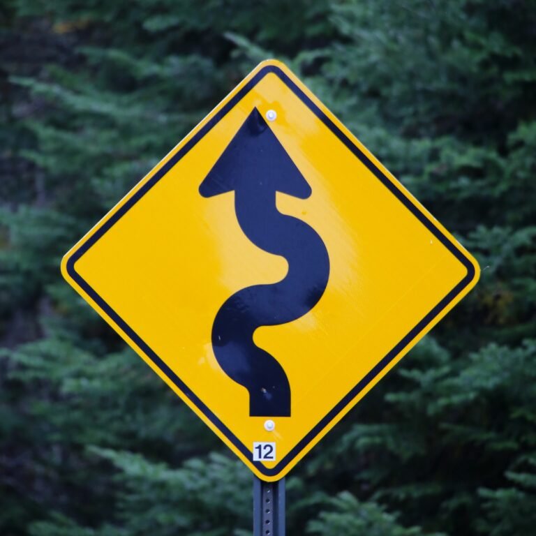 A road sign showing a very curved road