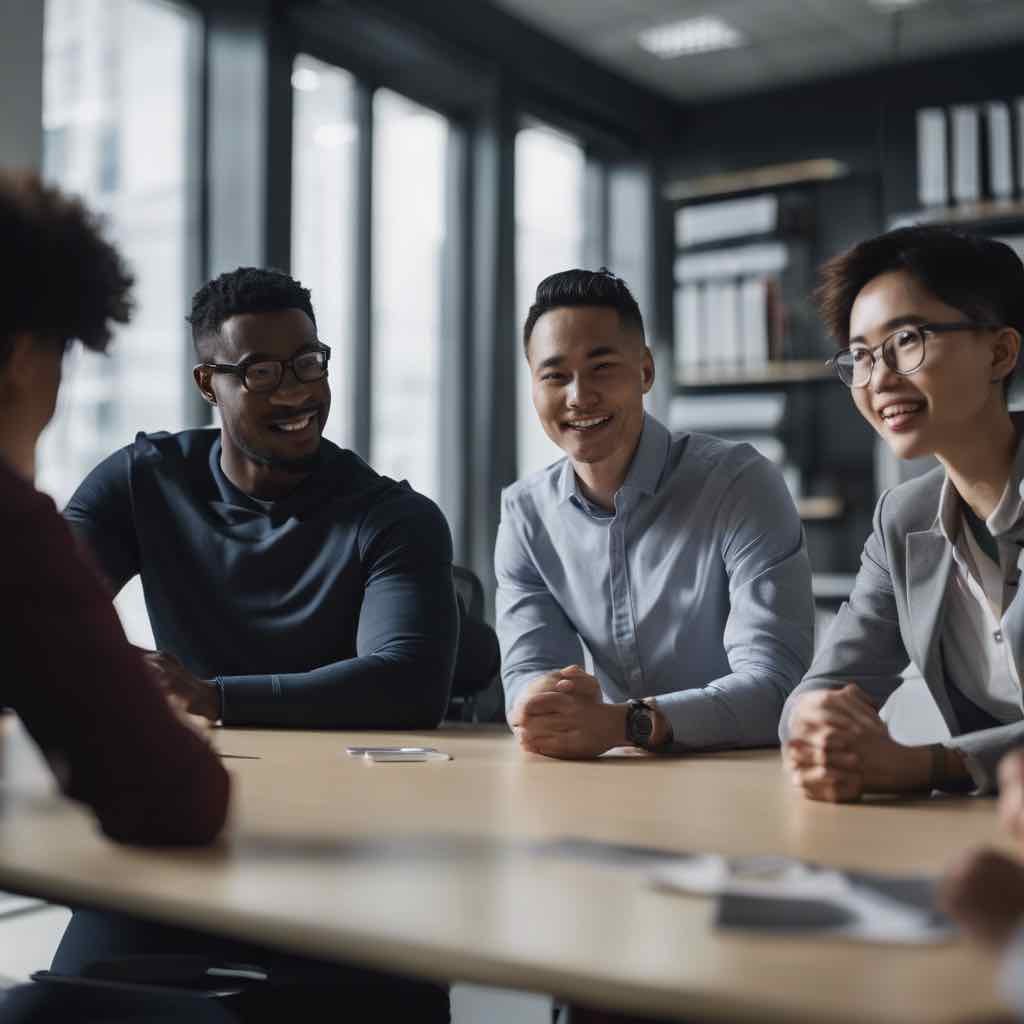 4 happy product managers seated and talking