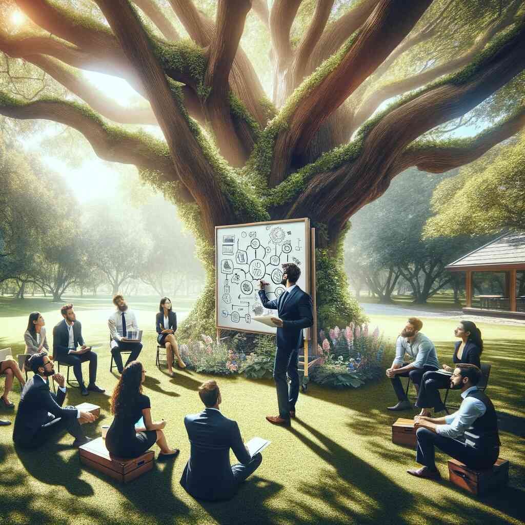 Man teaching by a tree
