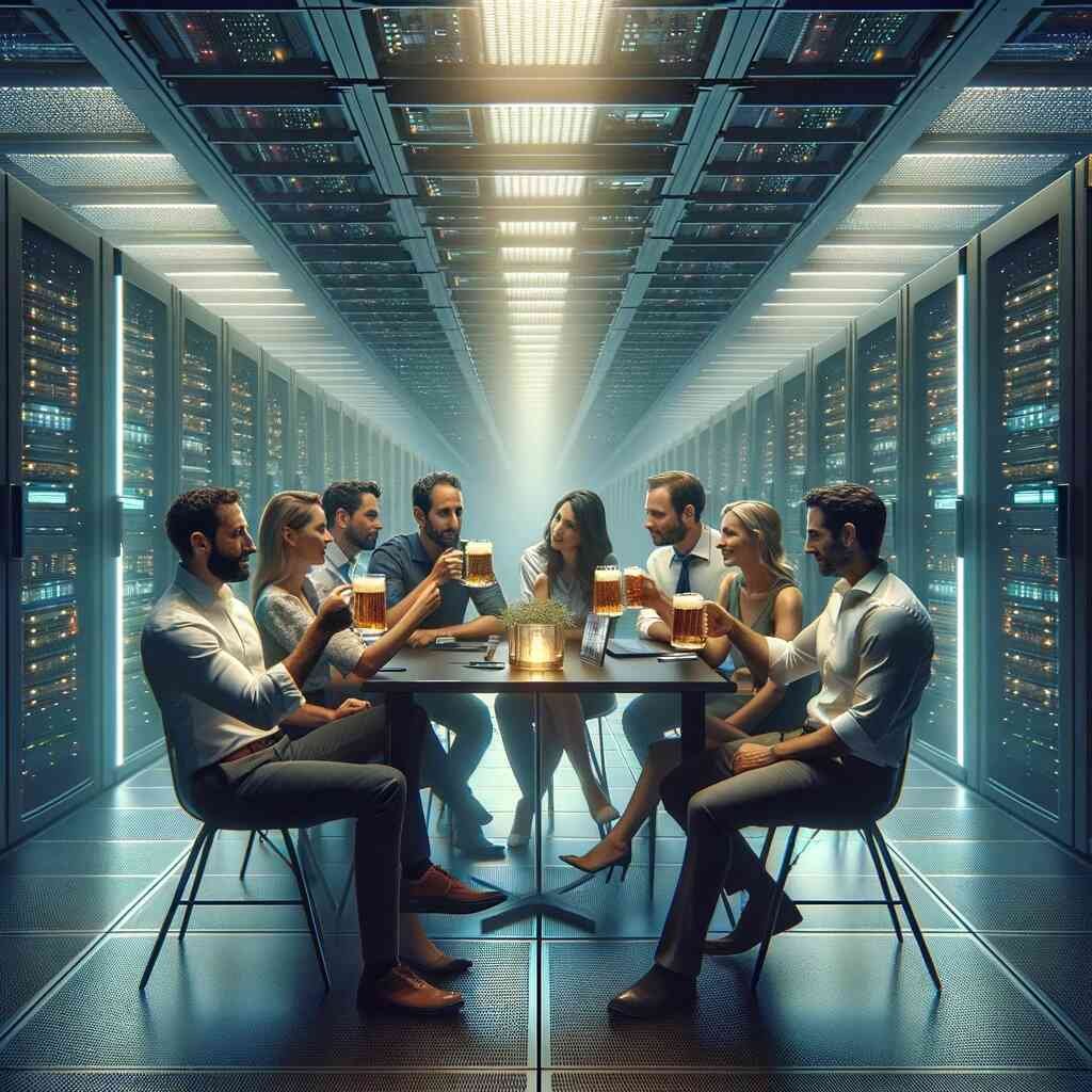 People drinking ale in a server farm