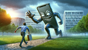 A huge walking phone is chasing a product manager