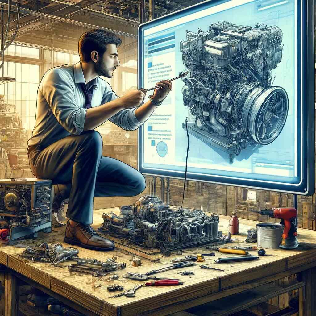 Man fixing machine while watching tutorial
