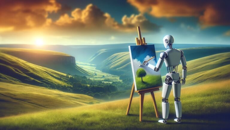 A robot is painting a scene on a canvas