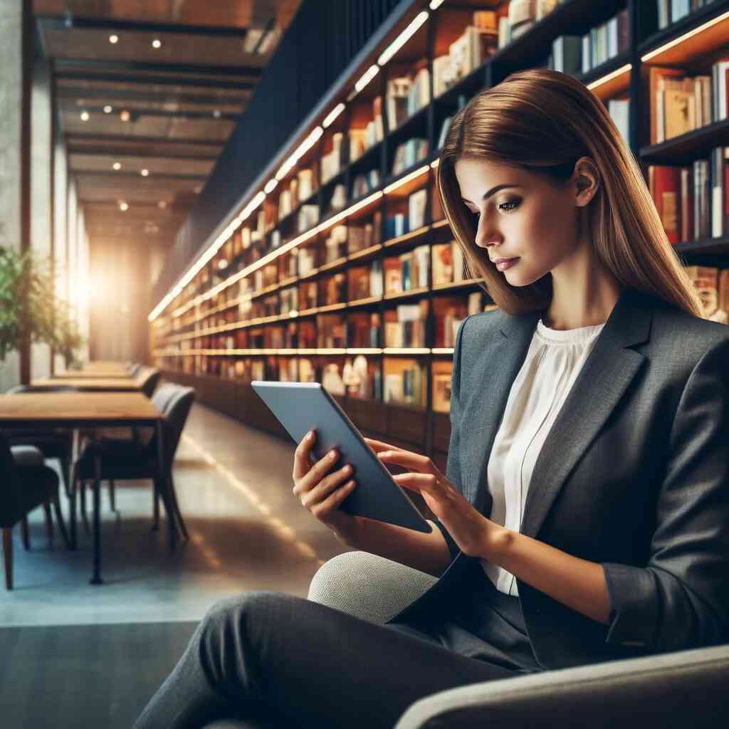 Woman reading from a tablet in library