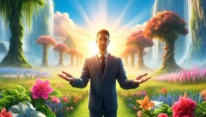 A person welcomes the viewer to heaven