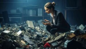 A female product manager is searching through a pile of junk