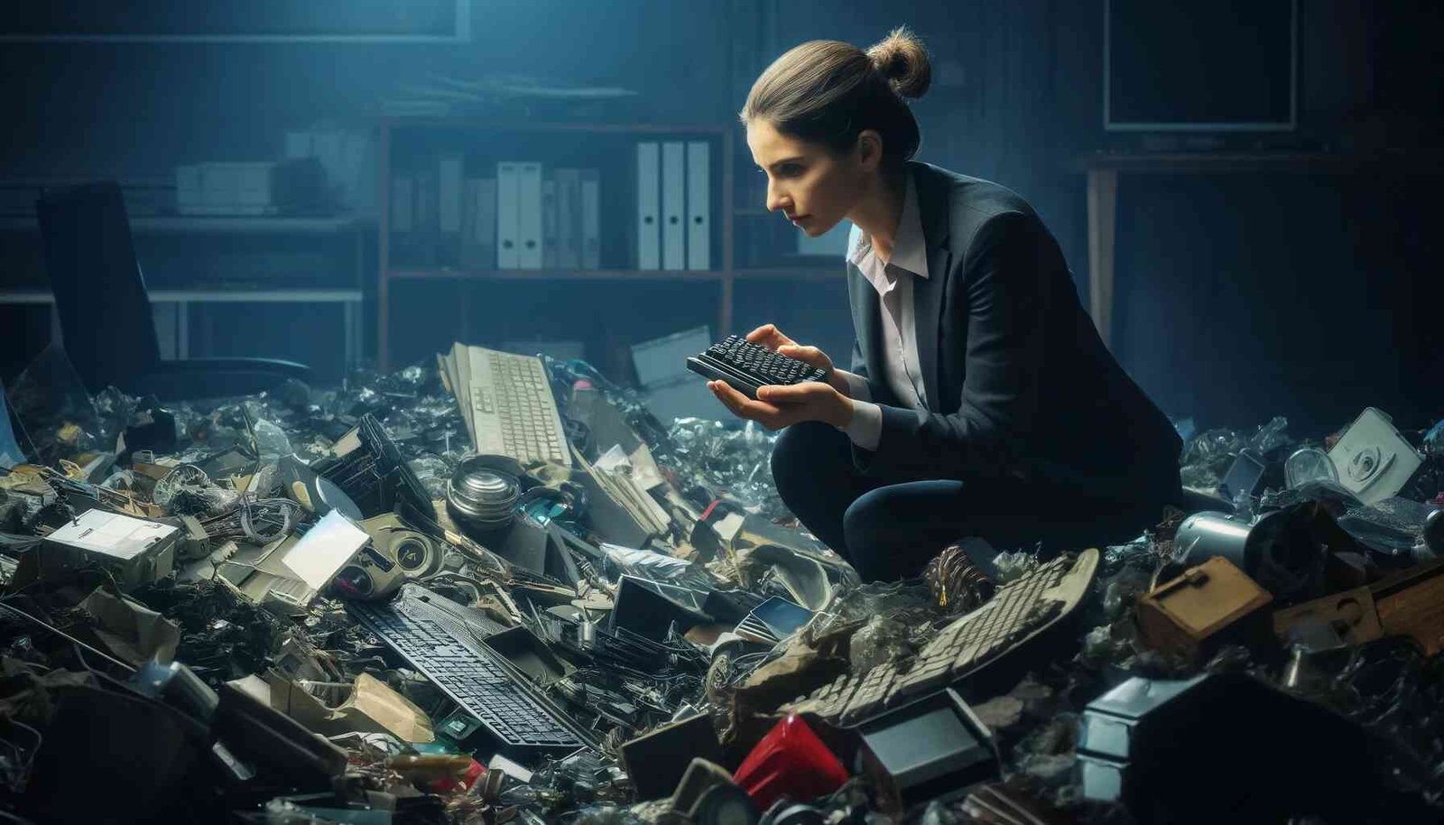 A female product manager is searching through a pile of junk