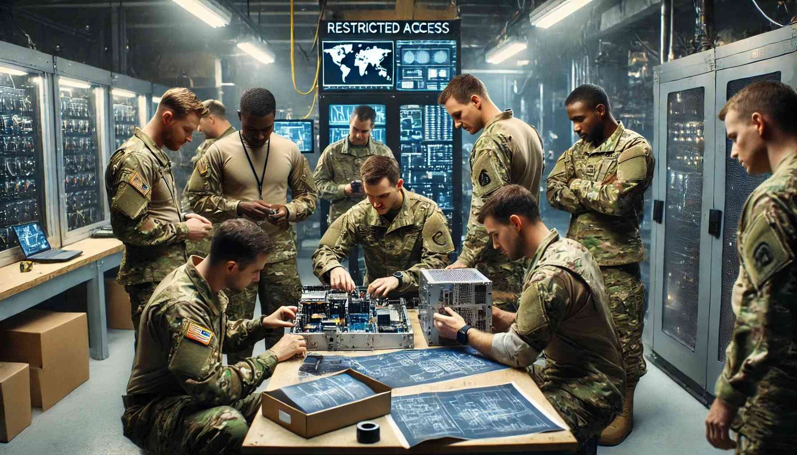 A group of soldiers building hi-tech products
