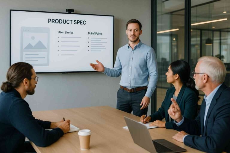 A product manager is delivering spec review in front of audience